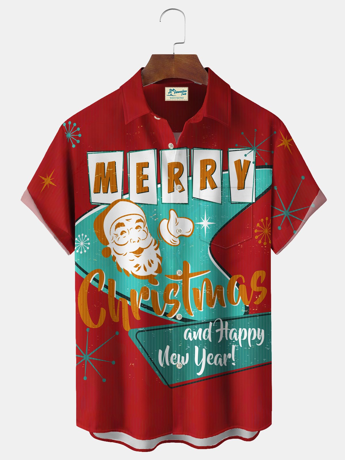 Royaura® Christmas Santa Geometric Boomerang Print Chest Pocket Stretch Shirt Big Tall