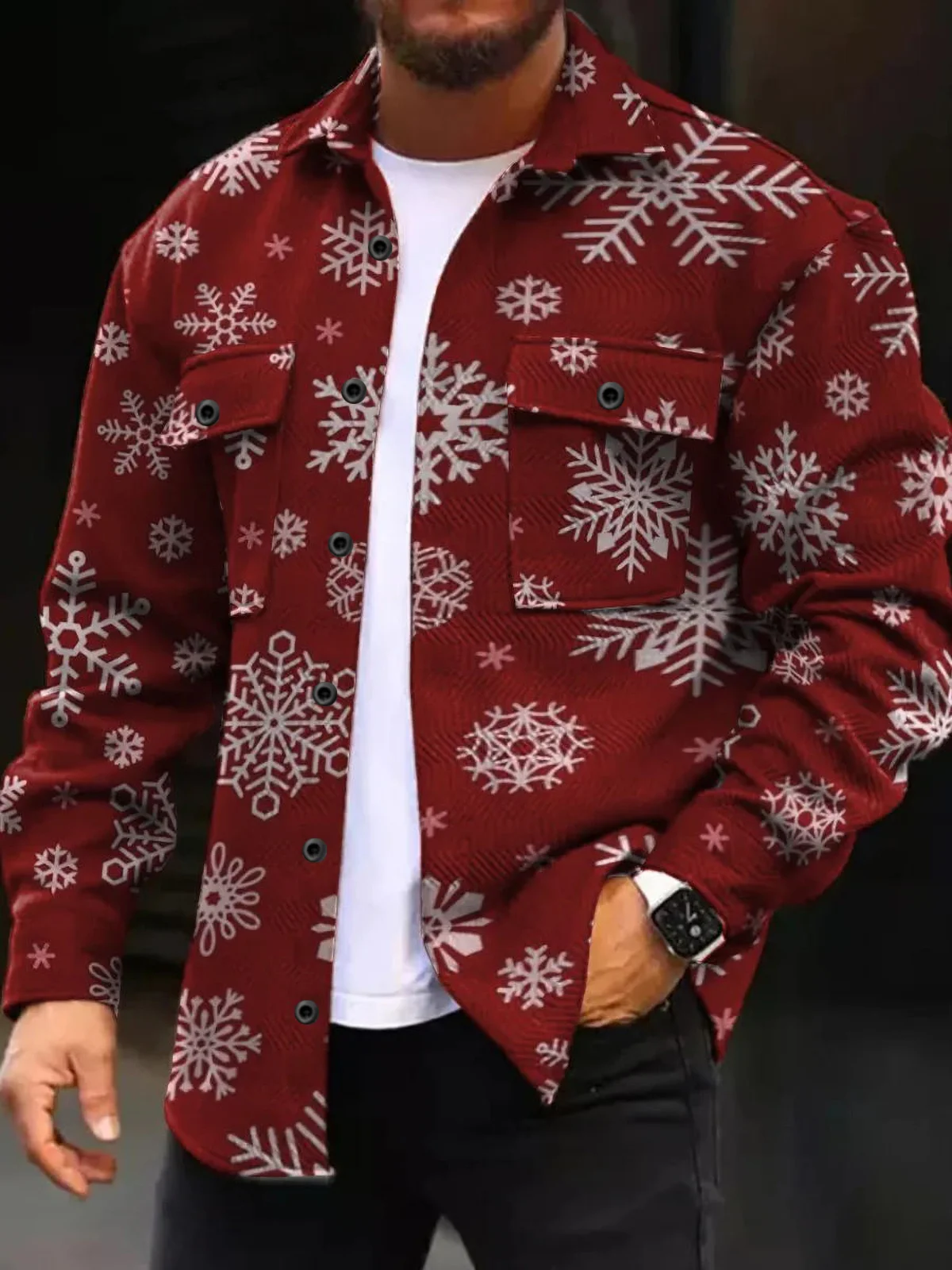 Royaura® Christmas Men's Snowflake Print Button Wide Stripe Corduroy Cardigan Pocket Jacket