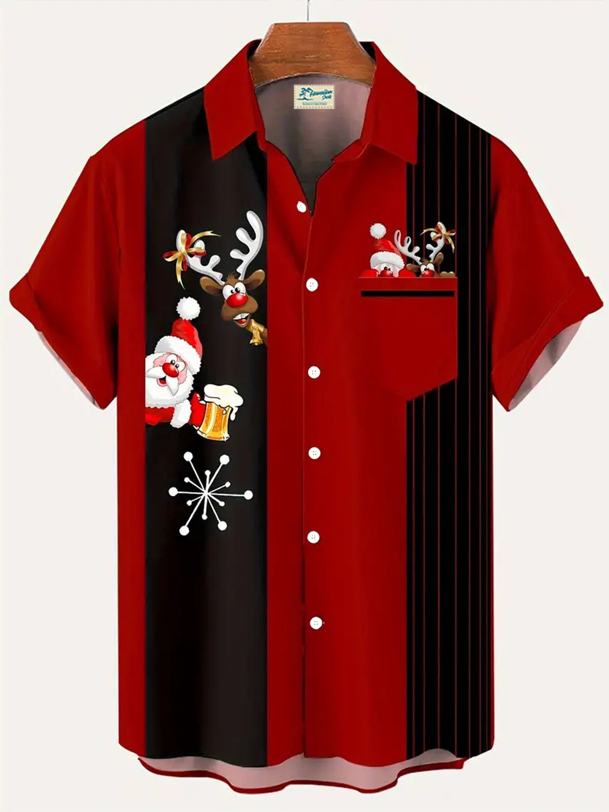 Royaura® Christmas Deer Beer Print Men's Button Pocket Short Sleeve Shirt Big & Tall