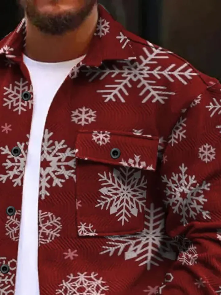 Royaura® Christmas Men's Snowflake Print Button Wide Stripe Corduroy Cardigan Pocket Jacket