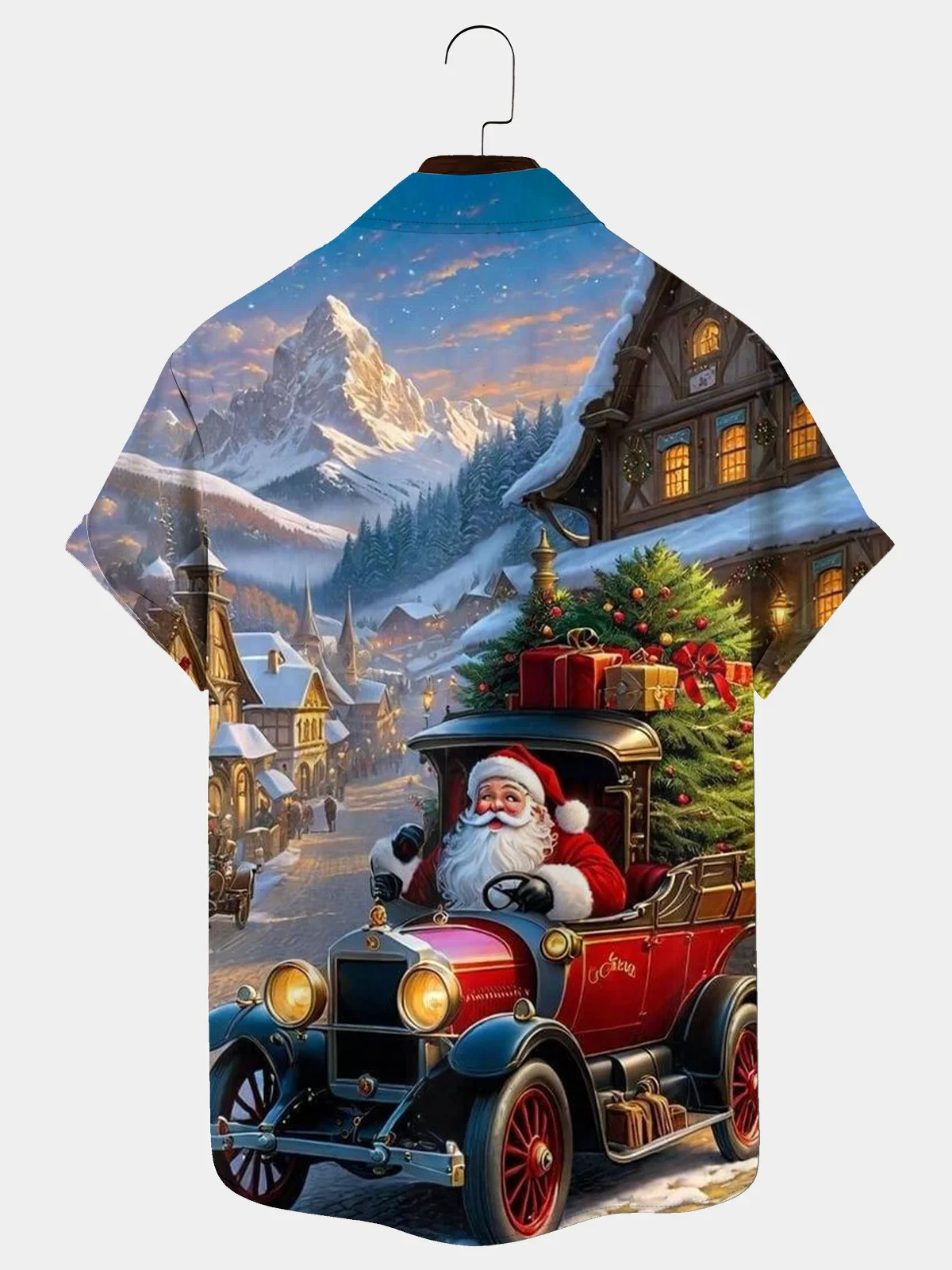 Royaura® Christmas Santa Claus Car Print Men's Holiday Chest Pocket Stretch Short Sleeve Shirt Big & Tall