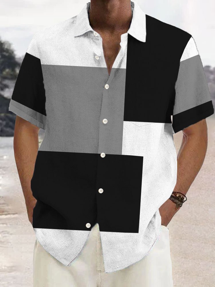 Royaura® Retro Geometric Color Block Print Men's Button Pocket Short Sleeve Shirt Big & Tall