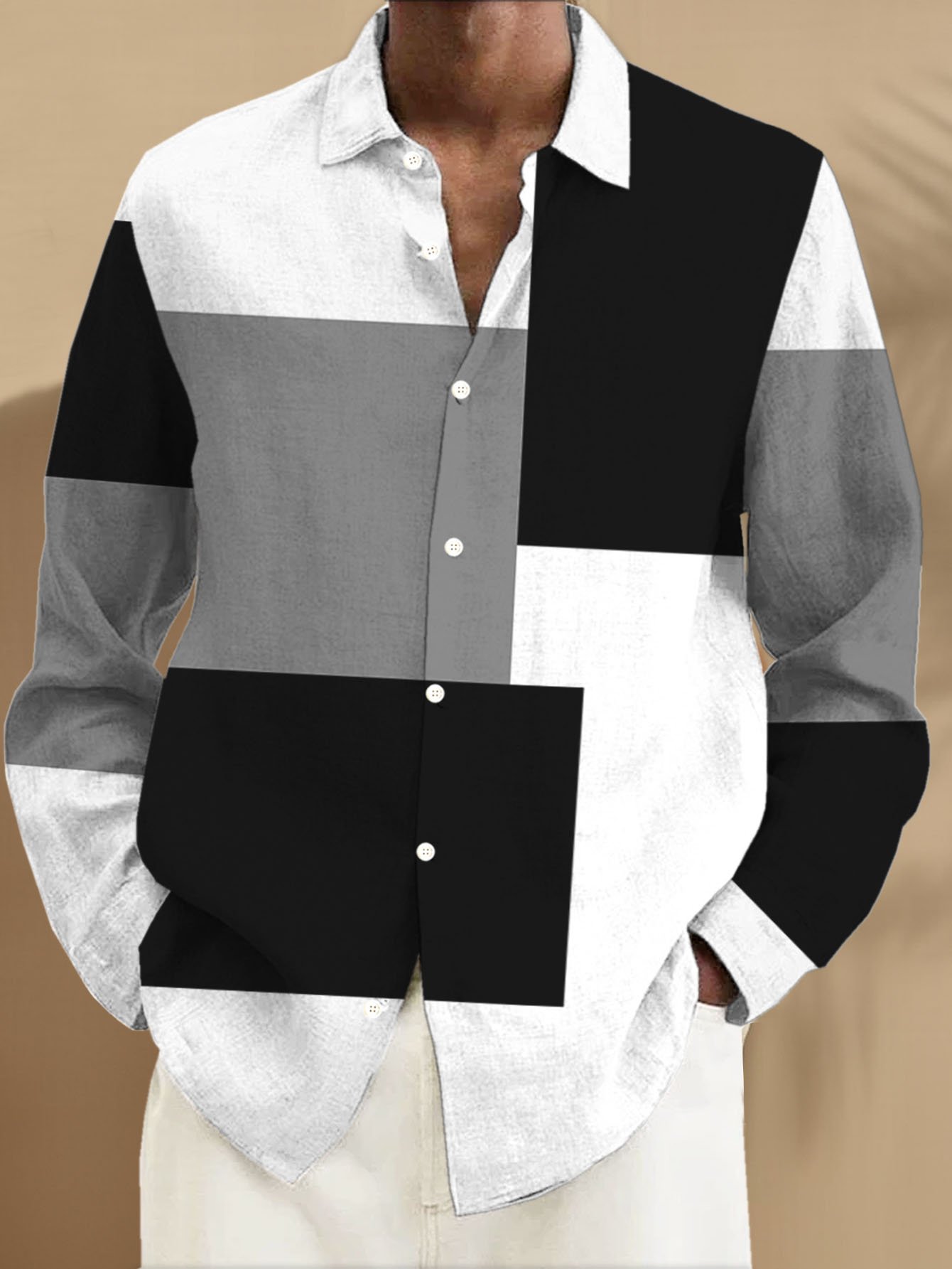 Royaura® Retro Geometric Color Block Print Men's Button Pocket Long Sleeve Shirt Big & Tall