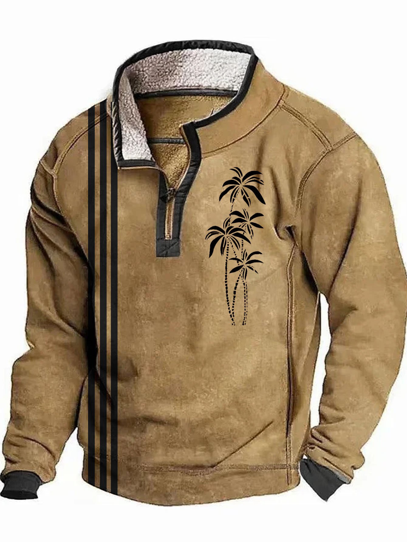 Royaura® Men's Retro Coconut Tree Print Zipper Fur Collar Long Sleeve Sweatshirt Big & Tall