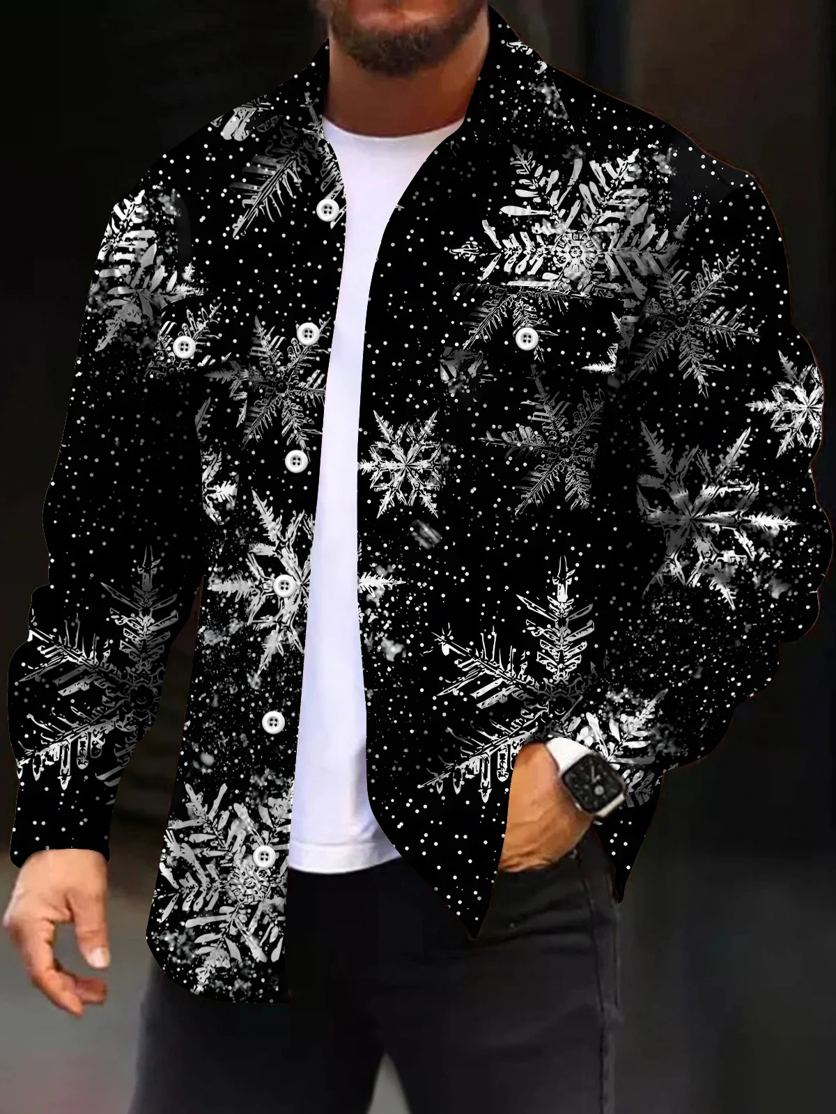 Royaura® Christmas Men's Snowflake Print Button Wide Stripe Corduroy Cardigan Pocket Jacket