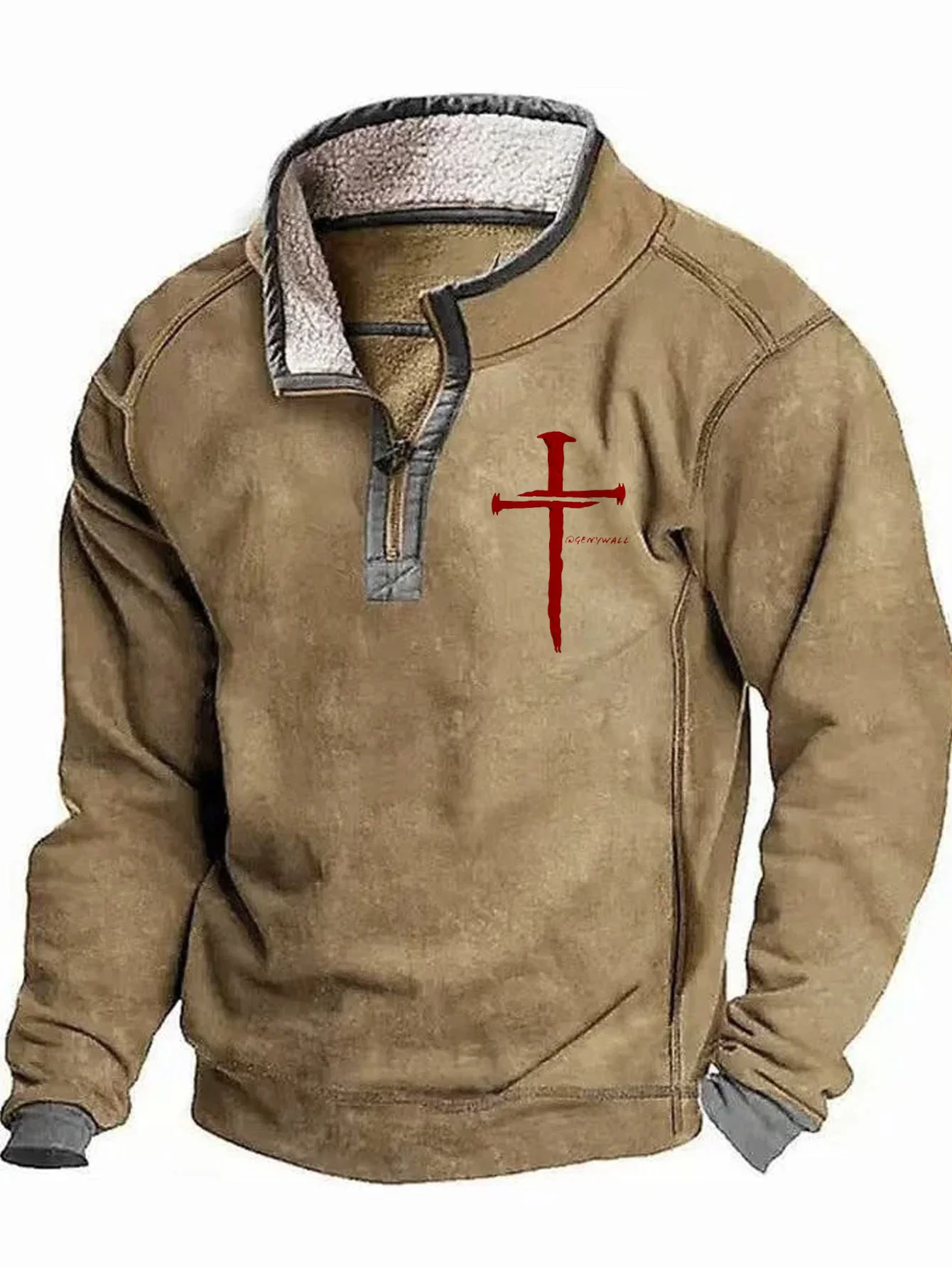 Royaura® Christmas Cross Printed Men's Zipper Stand Collar Long Sleeve Sweatshirt Big & Tall