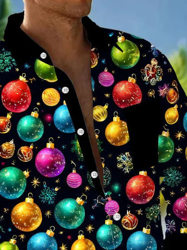 Royaura® Christmas Men's Shiny Christmas Ball Print Chest Pocket Stretch Long Sleeve Shirt Big Tall