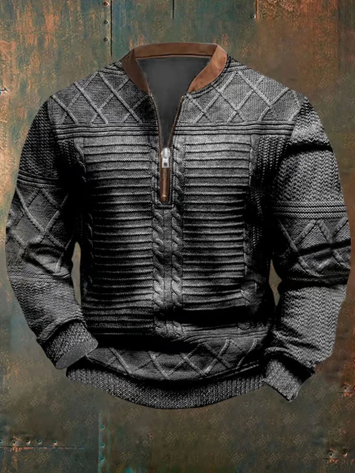 Royaura® Geometric Woolen Fabric Printed Men's Zipper Long Sleeve Sweatshirt Big & Tall