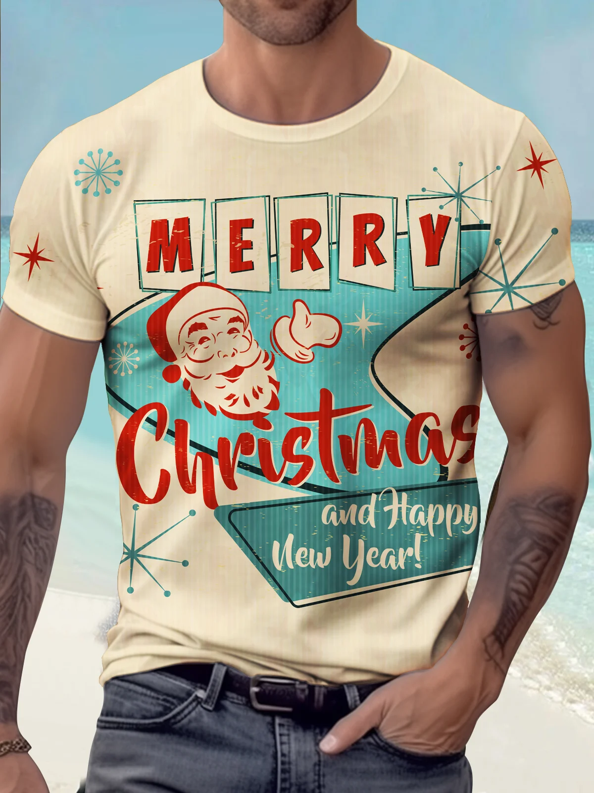 Royaura® Custom Christmas Santa Geometric Boomerang Merry Christmas Print T-Shirt