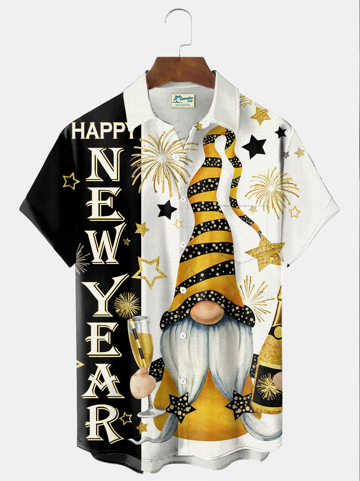 Royaura® Happy New Year Dwarf Print Men's Holiday Chest Pocket Stretch Short Sleeve Shirt Big & Tall