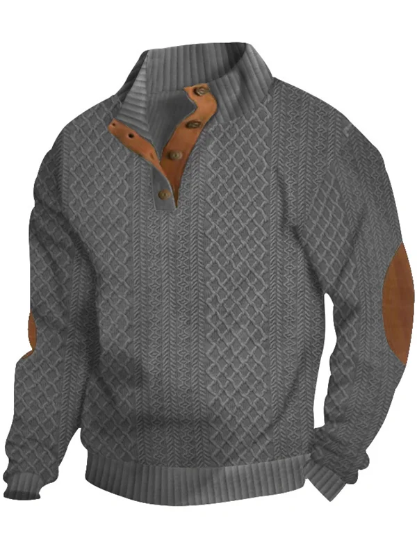 Royaura® Basic Men's Knitted Jacquard Button Stand Collar Sweatshirt