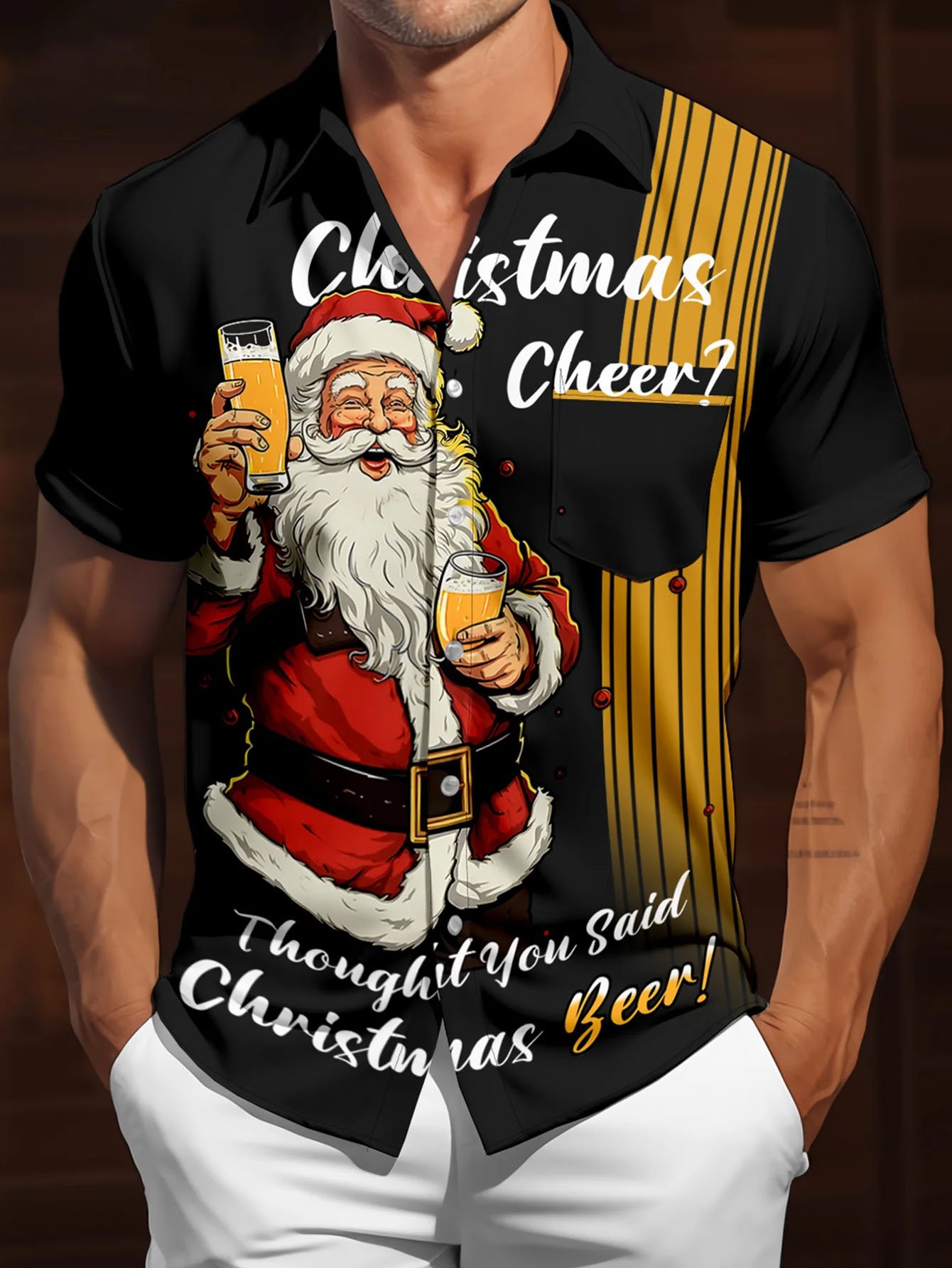 Royaura® Christmas Old Man Beer Retro Bowling Print Men's Button Pocket Short Sleeve Shirt Big & Tall