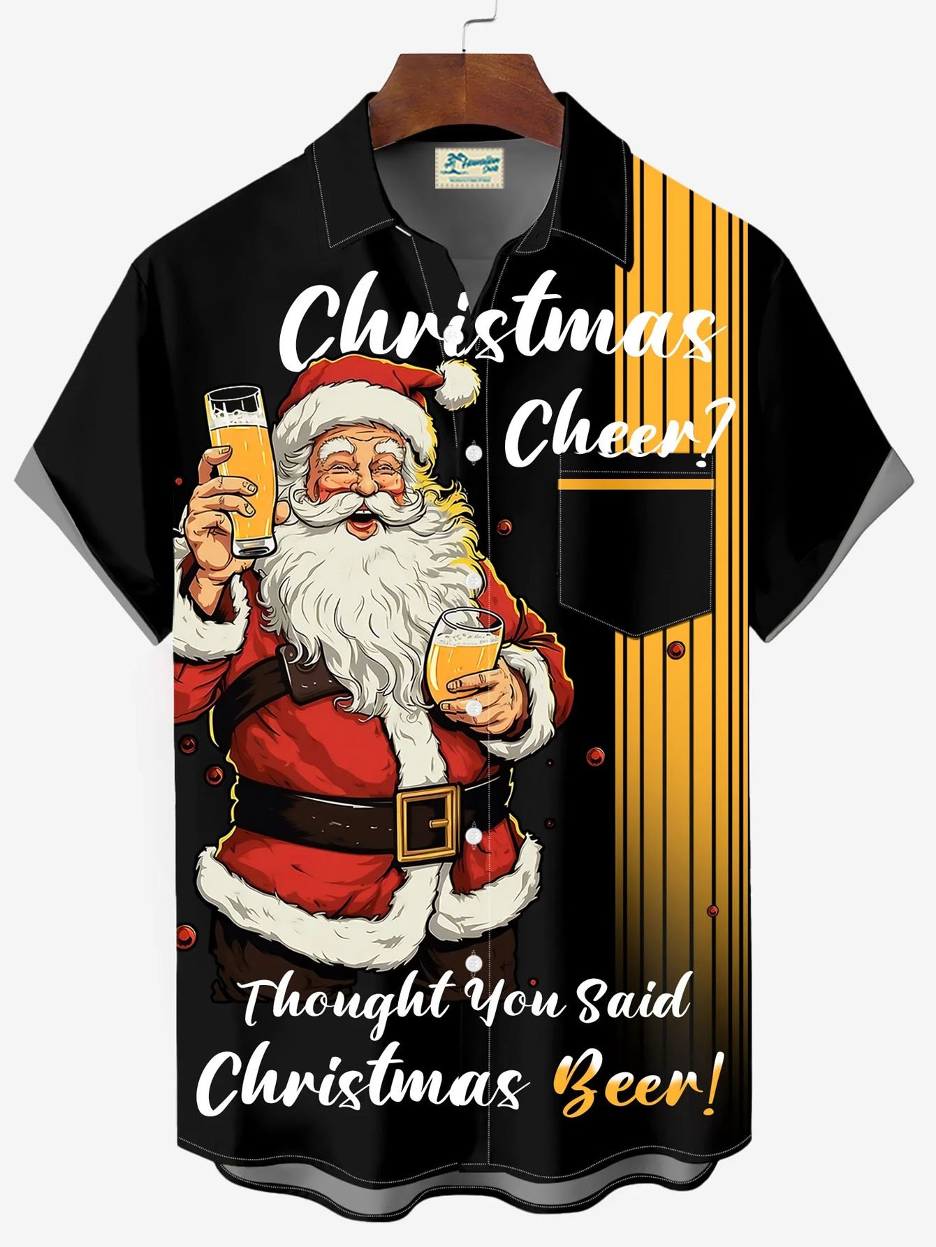 Royaura® Christmas Old Man Beer Retro Bowling Print Men's Button Pocket Short Sleeve Shirt Big & Tall