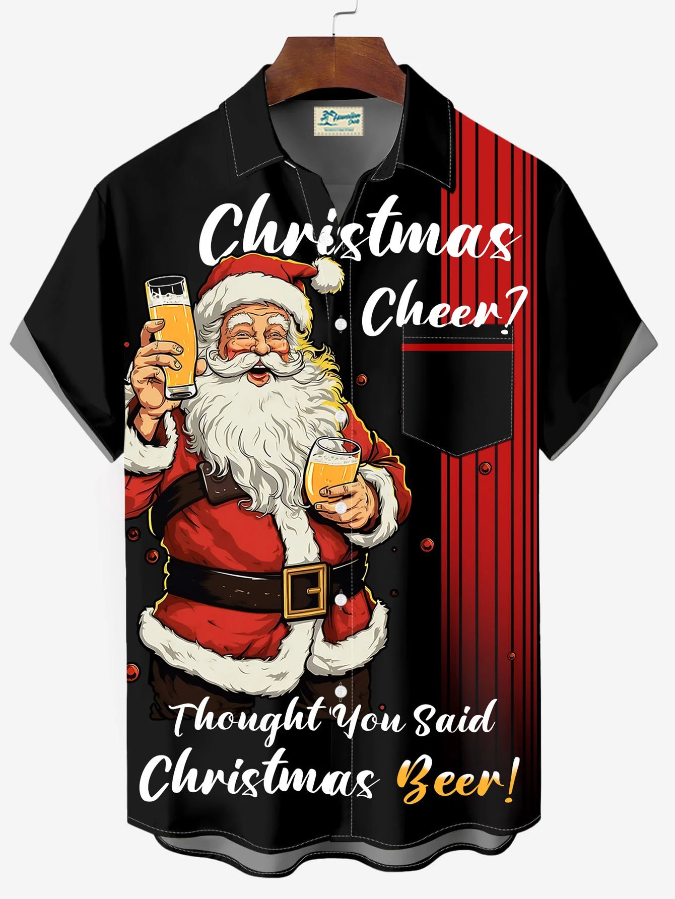 Royaura® Christmas Old Man Beer Retro Bowling Print Men's Button Pocket Short Sleeve Shirt Big & Tall