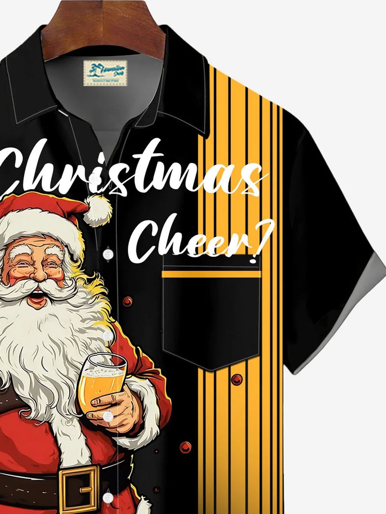 Royaura® Christmas Old Man Beer Retro Bowling Print Men's Button Pocket Short Sleeve Shirt Big & Tall