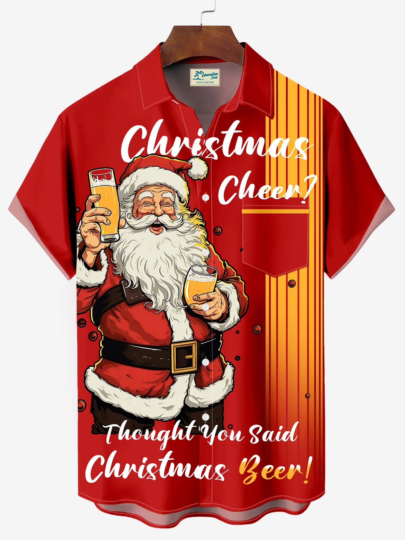 Royaura® Christmas Old Man Beer Retro Bowling Print Men's Button Pocket Short Sleeve Shirt Big & Tall