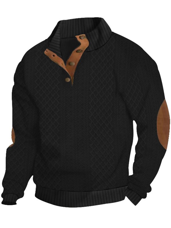 Royaura® Basic Men's Knitted Jacquard Button Stand Collar Sweatshirt