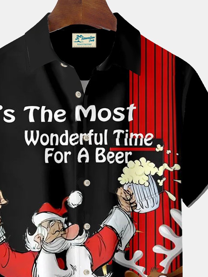 Royaura® Christmas Men's "It's The Most Wonderful Time For A Beer" Print Chest Pocket Stretch Hawaiian Shirt Big Tall