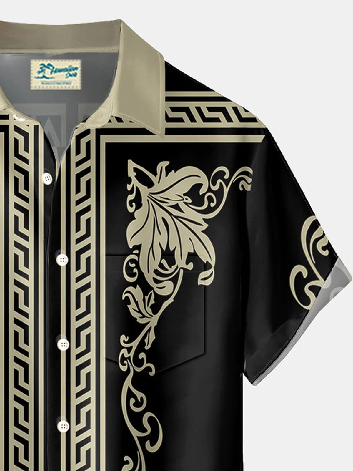 Royaura® Retro Geometric Baroque Style Gold Floral Print Men's Button Pocket Short Sleeve Shirt