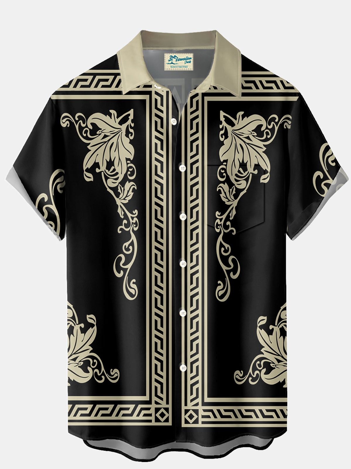 Royaura® Retro Geometric Baroque Style Gold Floral Print Men's Button Pocket Short Sleeve Shirt