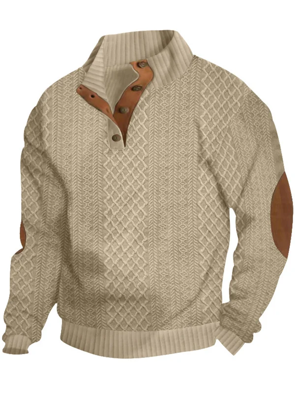 Royaura® Basic Men's Knitted Jacquard Button Stand Collar Sweatshirt