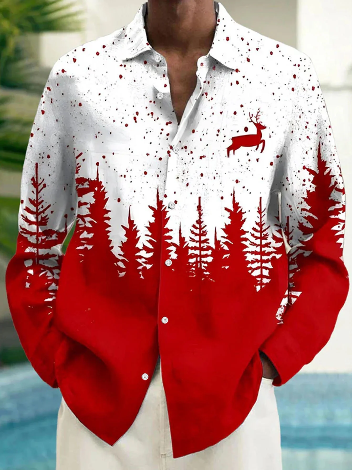 Royaura® Christmas Deer Gradient Print Men's Button Pocket Long Sleeve Shirt Big & Tall