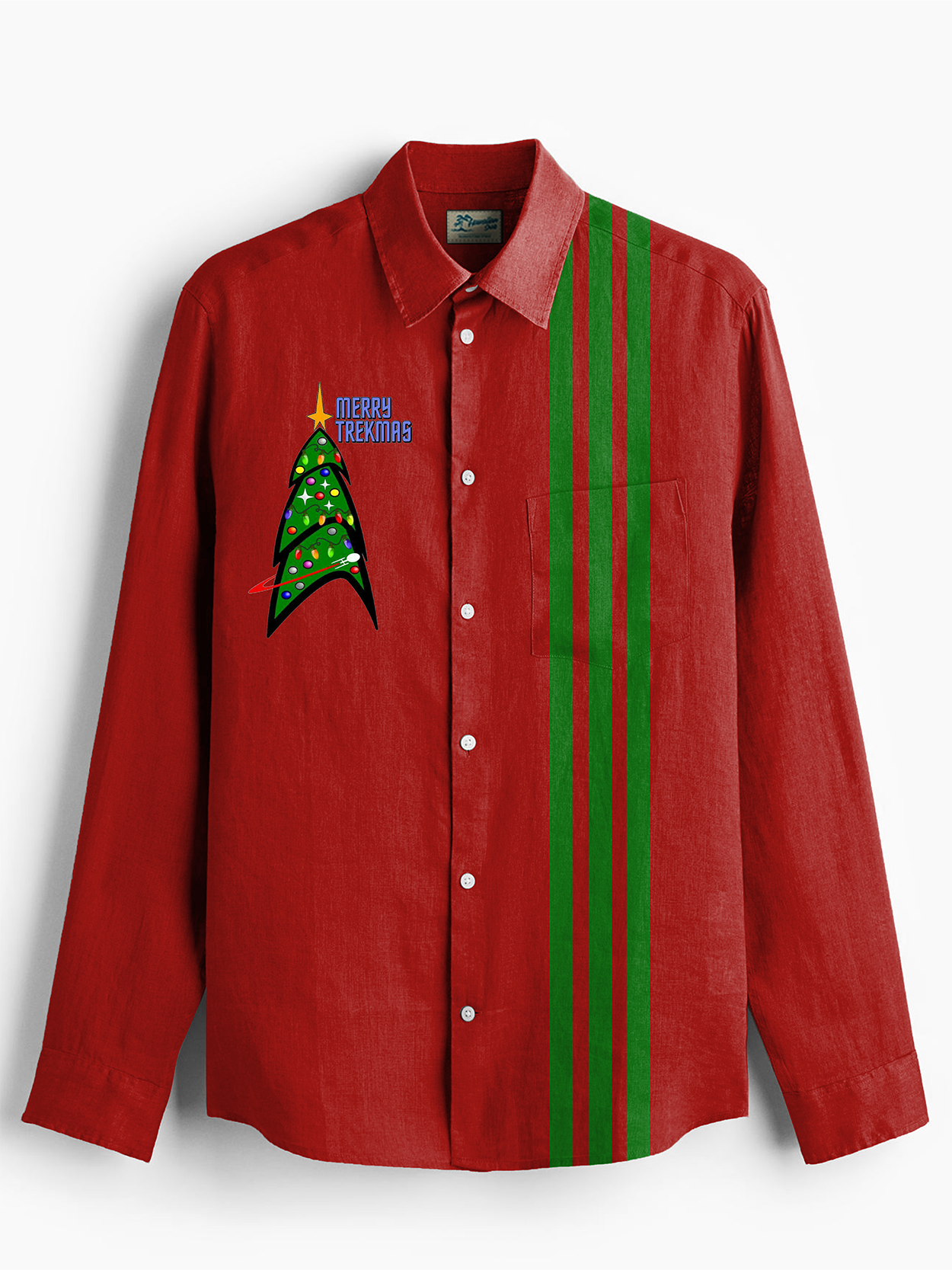 Royaura® Christmas Tree Print Men's Holiday Bowling Chest Pocket Stretch Long Sleeve Shirt Big & Tall