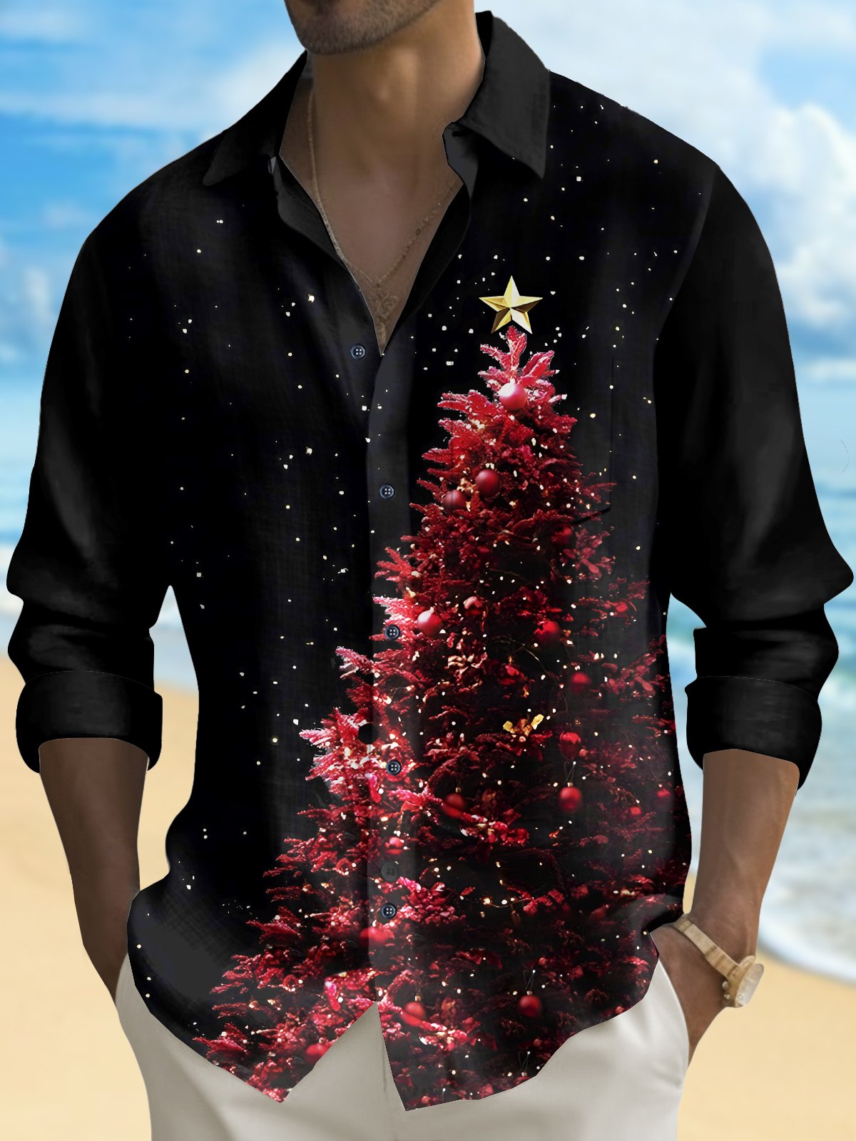 Royaura® Christmas Men's Christmas Tree Print Chest Pocket Stretch Long Sleeve Shirt Big Tall