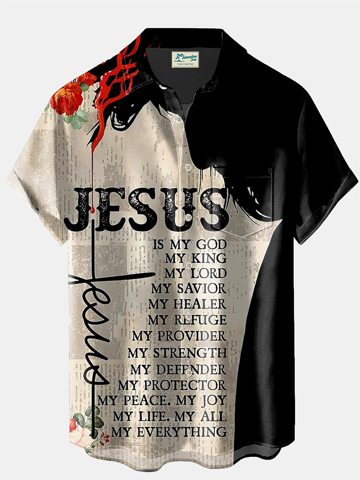 Royaura® Easter Jesus Print Men's Holiday Chest Pocket Stretch Short Sleeve Shirt Big & Tall