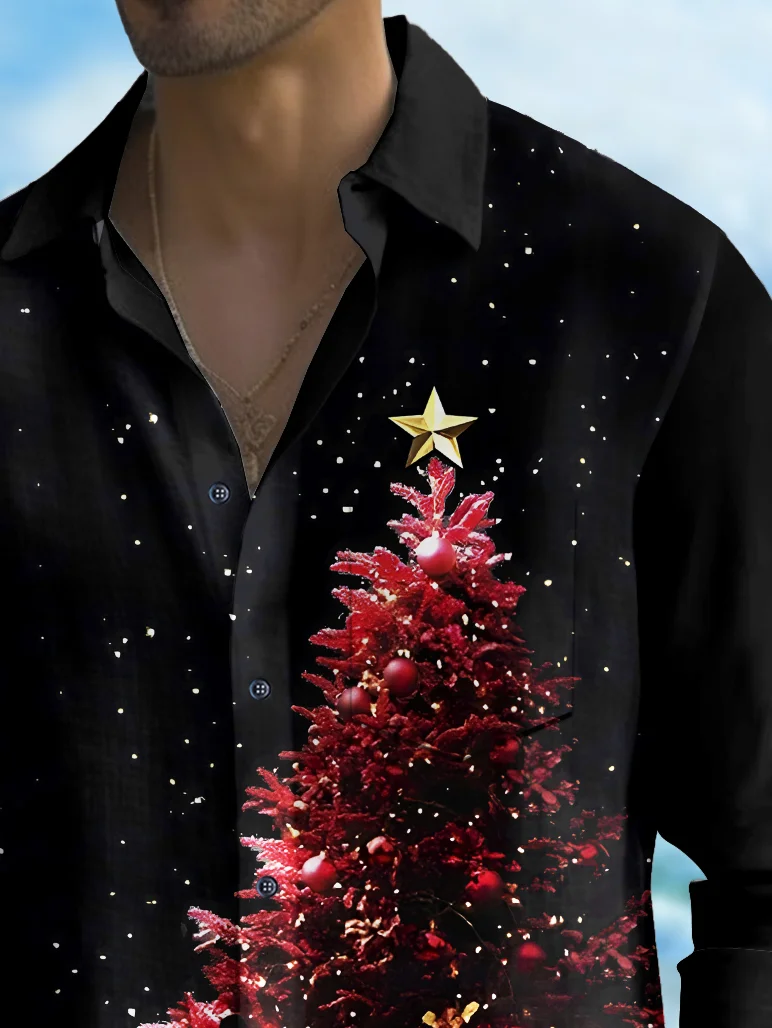 Royaura® Christmas Men's Christmas Tree Print Chest Pocket Stretch Long Sleeve Shirt Big Tall