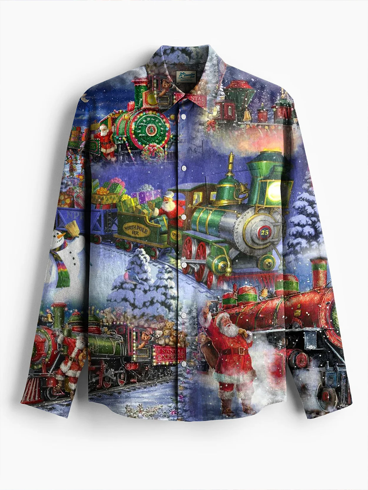 Royaura® Christmas Santa Claus Car Print Men's Holiday Chest Pocket Stretch Long Sleeve Shirt Big & Tall