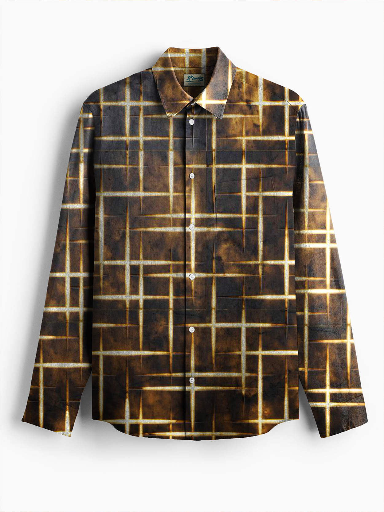 Royaura® Vintage Mid-Century Geometry Print Men's Chest Pocket Stretch Long Sleeve Shirt Big & Tall