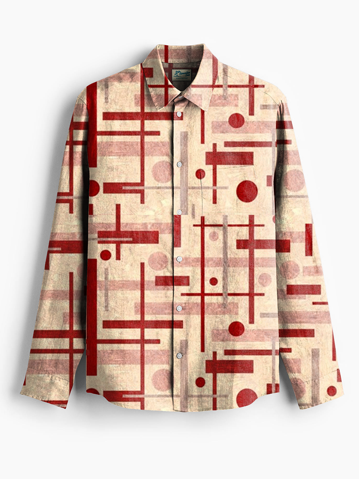 Royaura® Vintage Mid-Century Geometry Print Men's Chest Pocket Stretch Long Sleeve Shirt Big & Tall