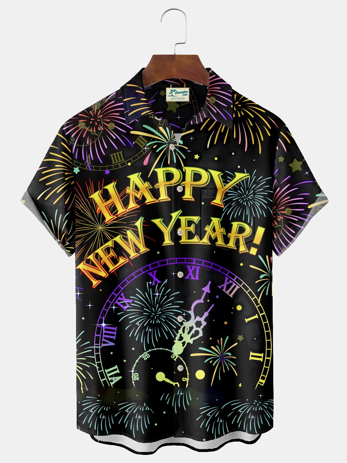 Royaura® New Year Fireworks Print Men's Chest Pocket Stretch Hawaiian Shirt Big Tall