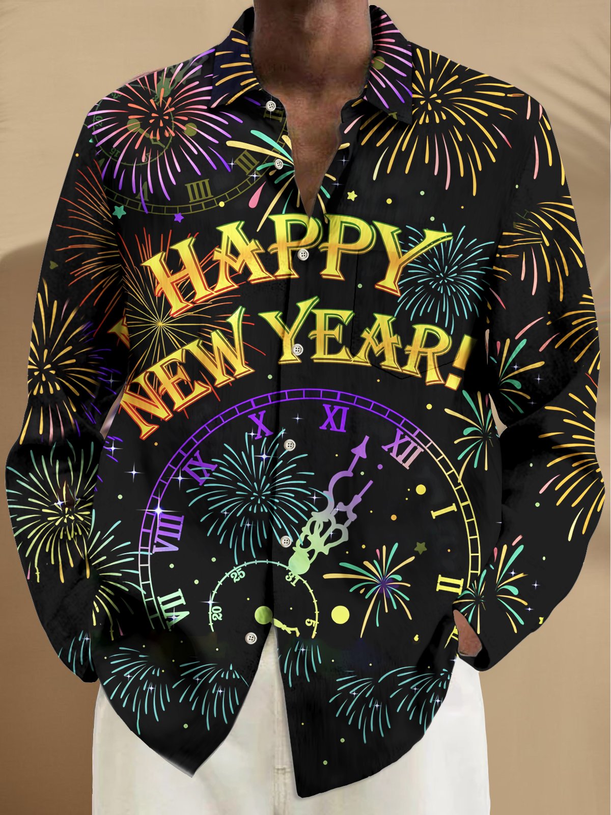 Royaura® New Year Fireworks Print Men's Chest Pocket Stretch Long Sleeve Shirt Big Tall