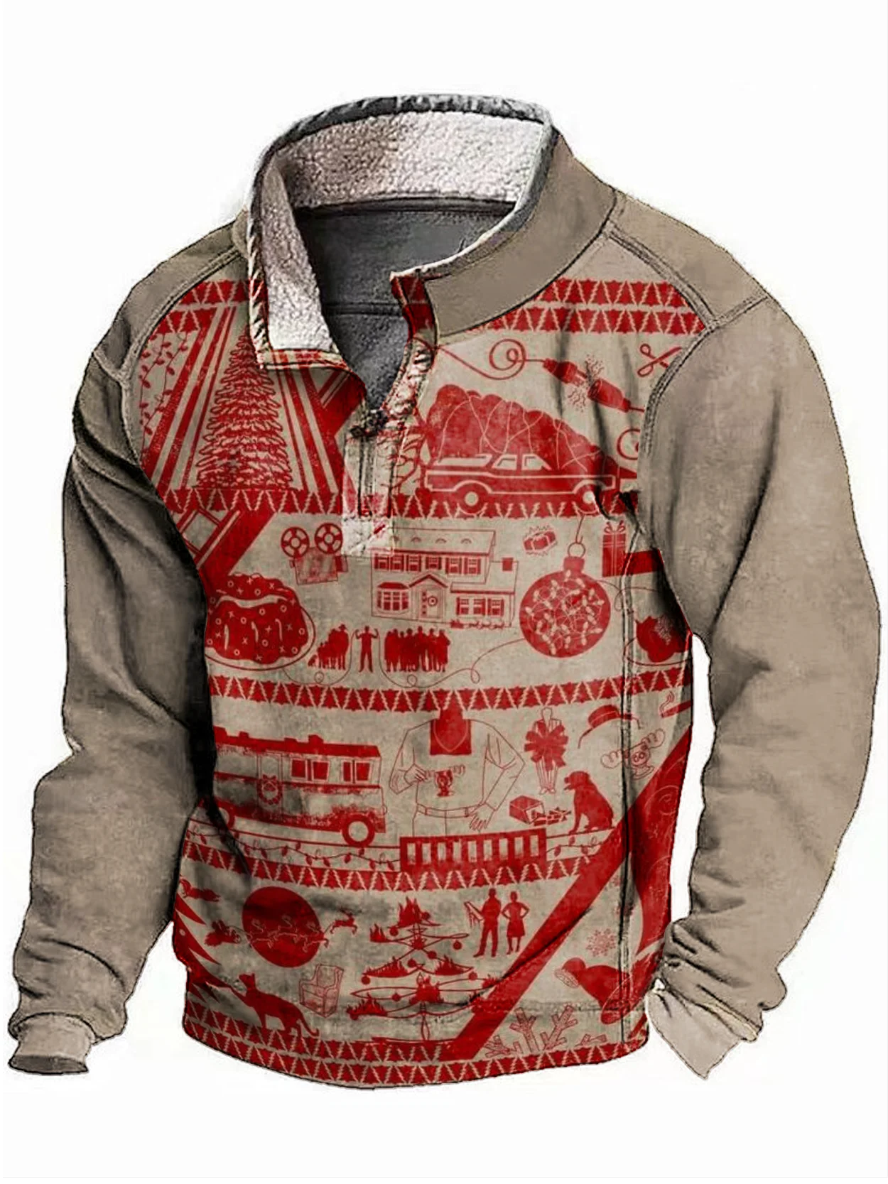 Royaura® 50s Vintage Christmas Print Men's Zippered Fleece Long Sleeve Sweatshirt Big & Tall