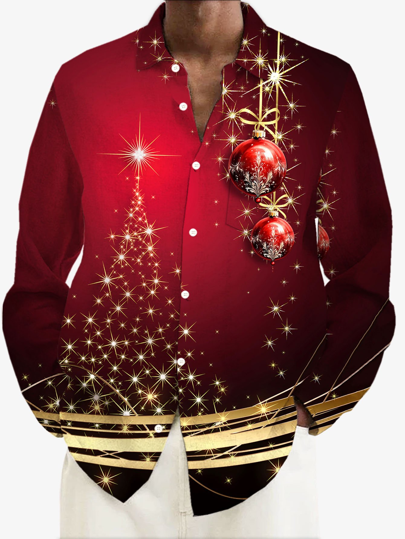 Royaura® Christmas New Year Print Men's Button Pocket Long Sleeve Shirt Big & Tall