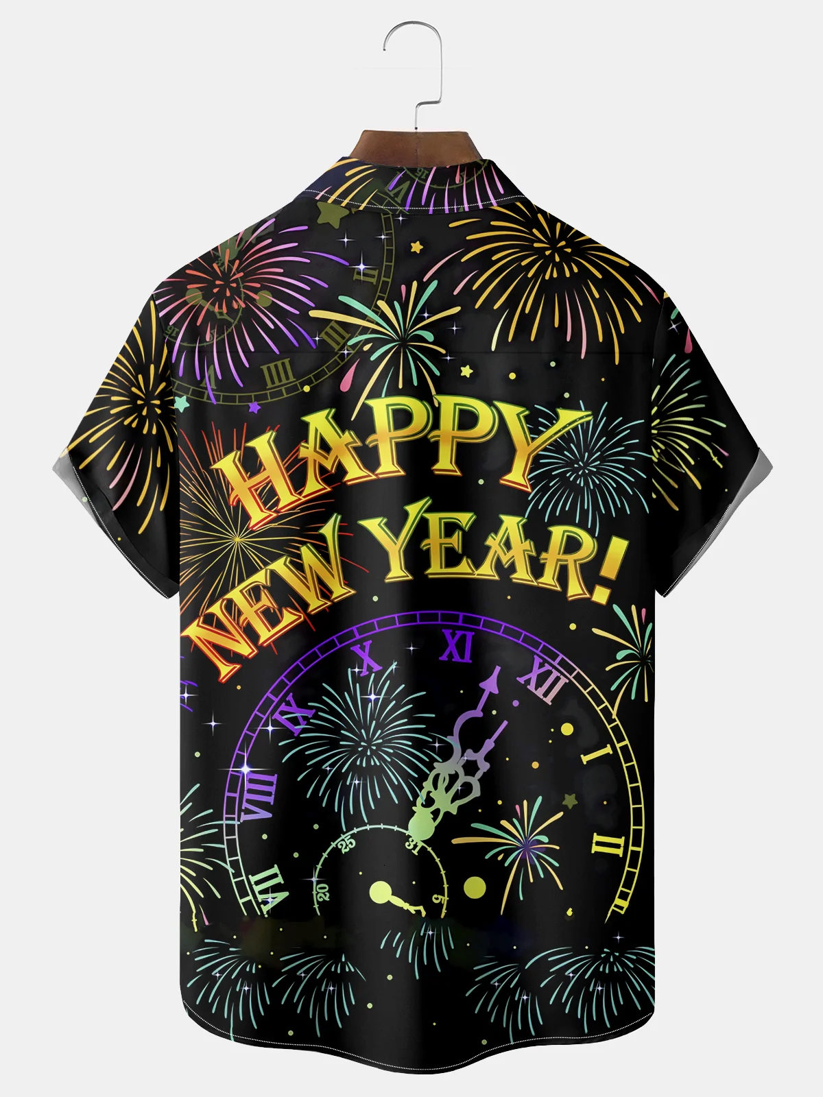 Royaura® New Year Fireworks Print Men's Chest Pocket Stretch Hawaiian Shirt Big Tall