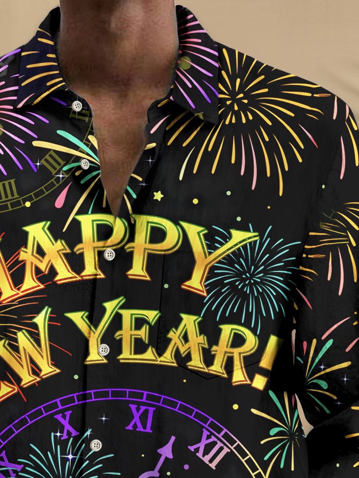 Royaura® New Year Fireworks Print Men's Chest Pocket Stretch Long Sleeve Shirt Big Tall