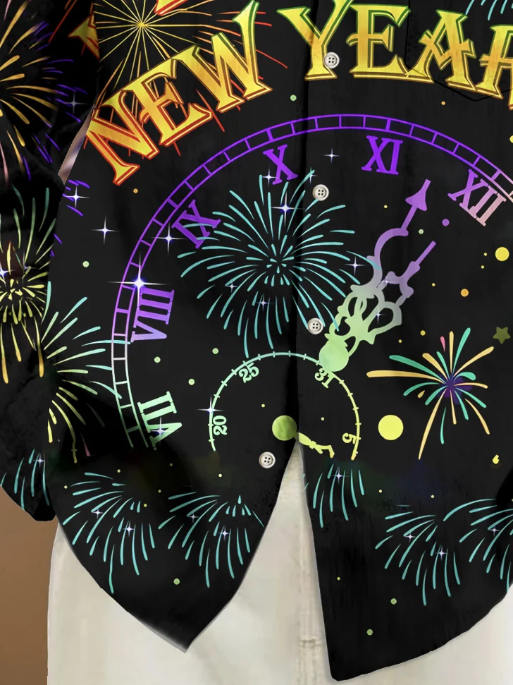 Royaura® New Year Fireworks Print Men's Chest Pocket Stretch Long Sleeve Shirt Big Tall