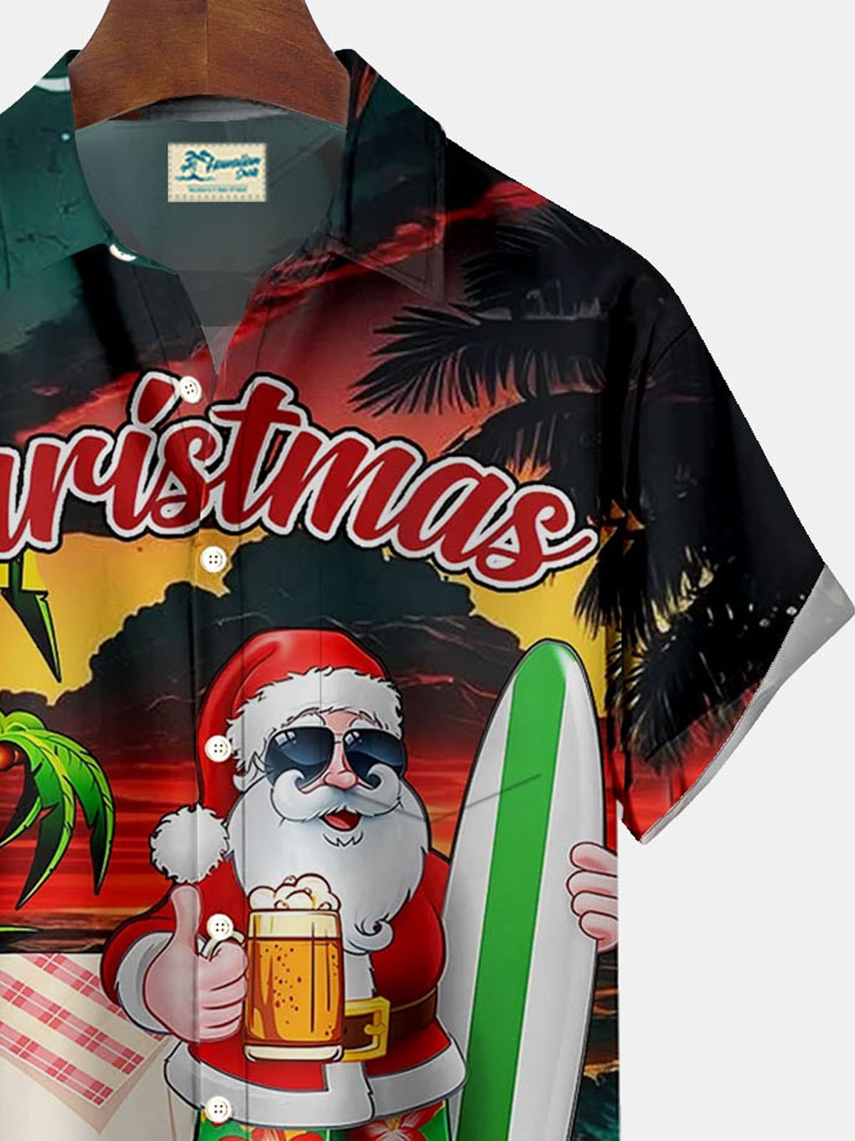 Royaura® Christmas Santa Surf Vacation Print Men's Button Pocket Short Sleeve Shirt Big & Tall