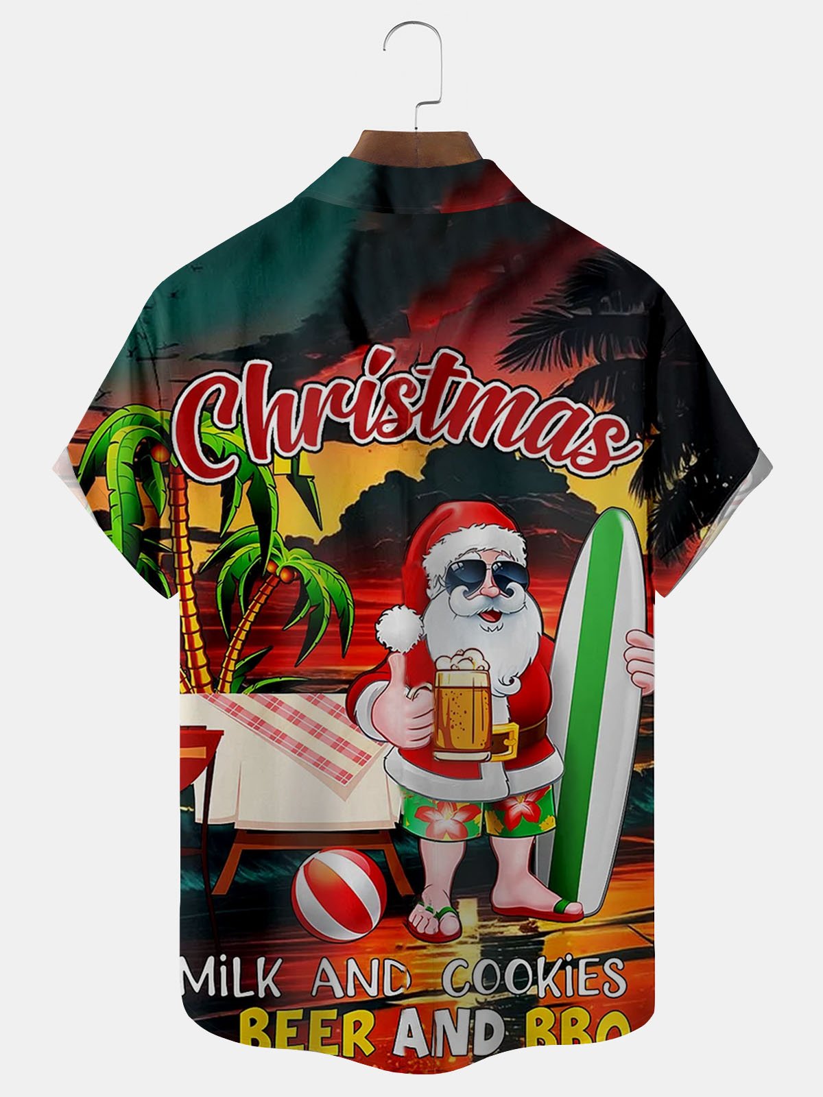 Royaura® Christmas Santa Surf Vacation Print Men's Button Pocket Short Sleeve Shirt Big & Tall