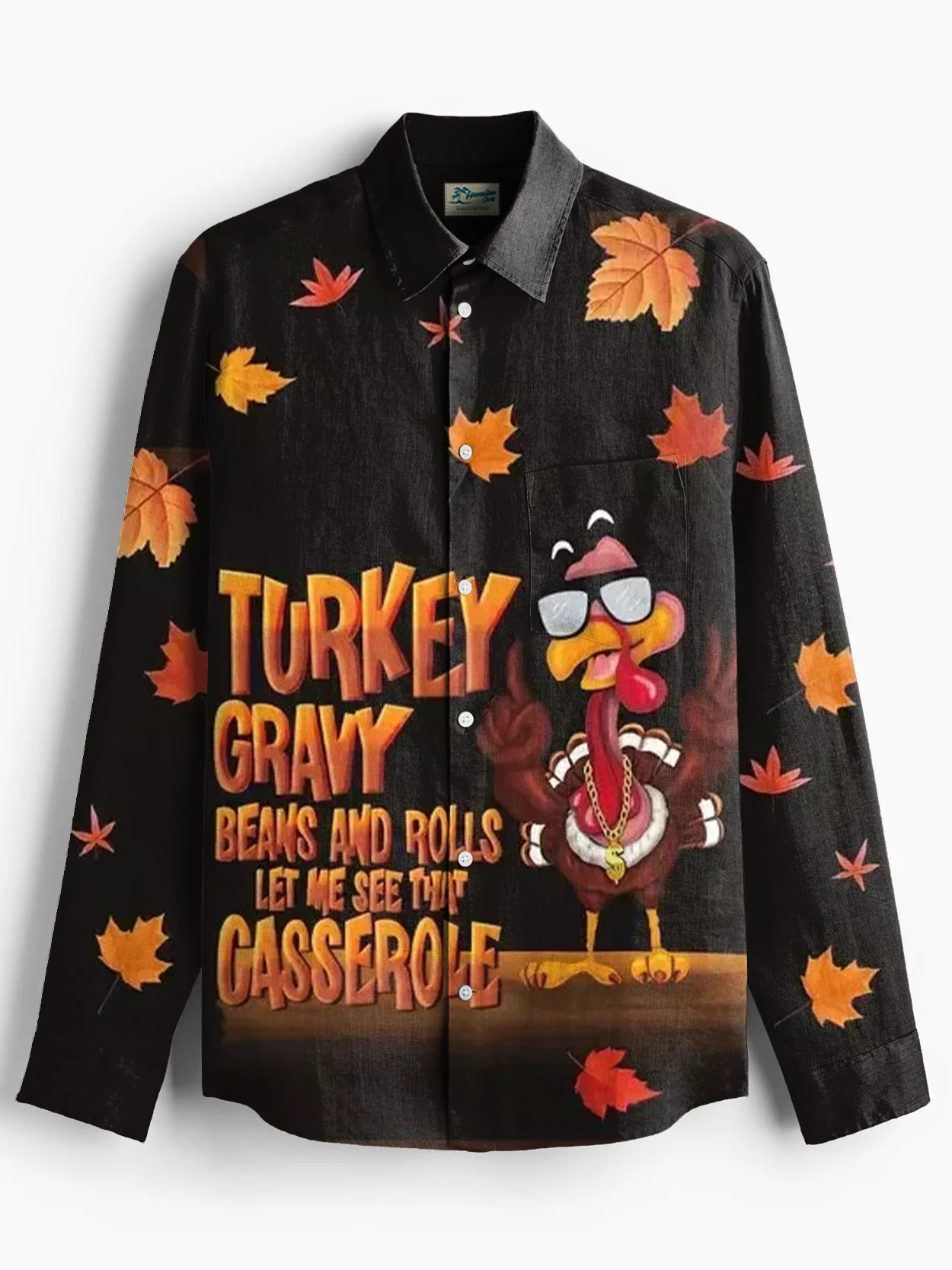 Royaura® Thanksgiving Turkey Print Men's Holiday Chest Pocket Stretch Long Sleeve Shirt Big & Tall