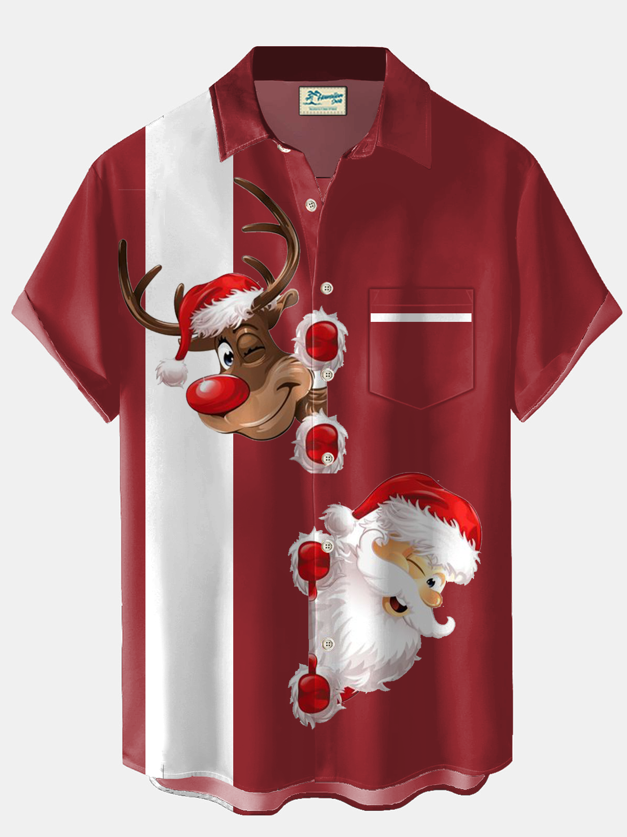 Royaura® Christmas Santa Claus Print Men's Holiday Bowling Chest Pocket Stretch Short Sleeve Shirt Big & Tall