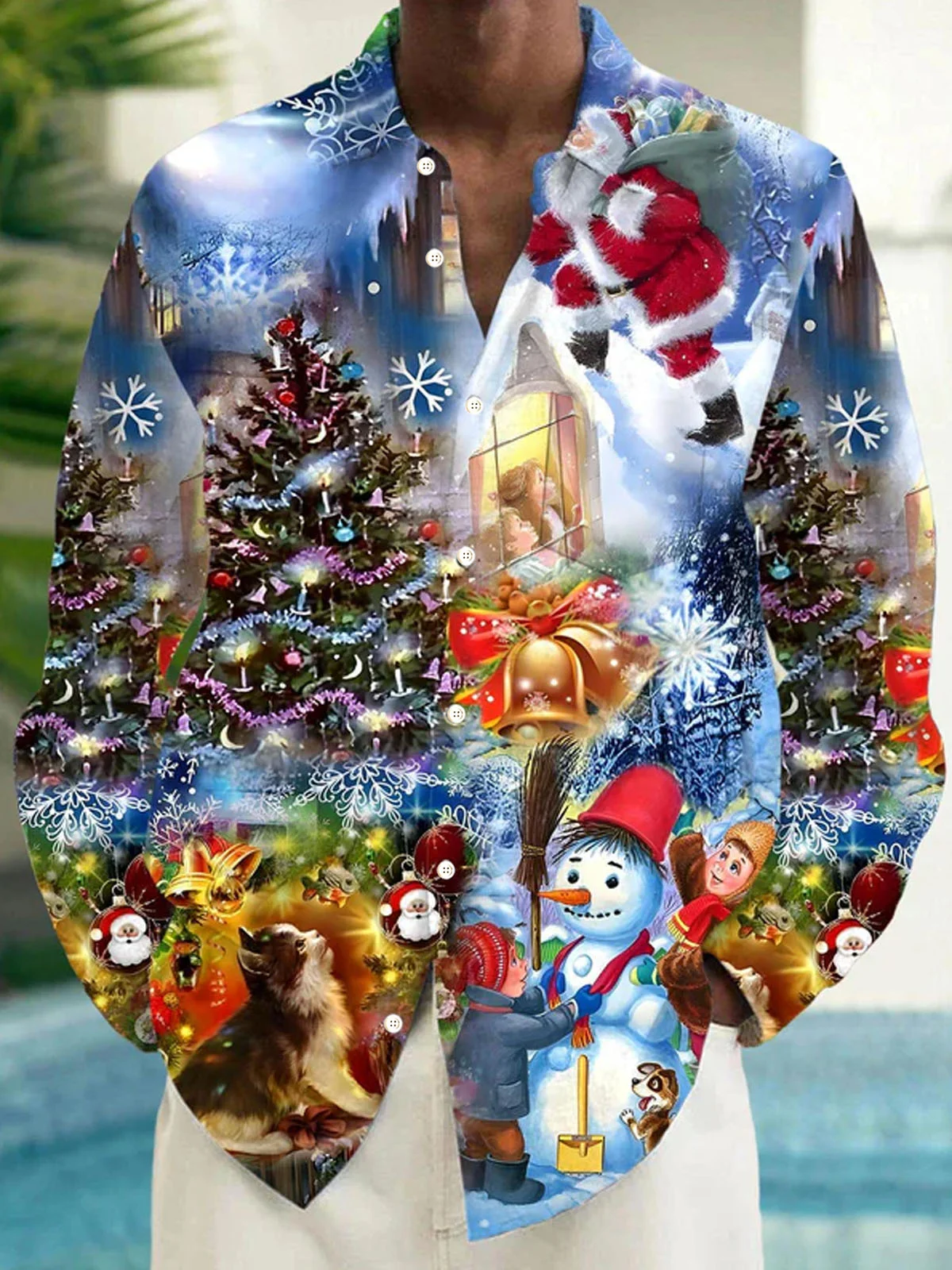 Royaura® Santa Claus Deer Snowman Print Men's Button Pocket Long Sleeve Shirt Big & Tall