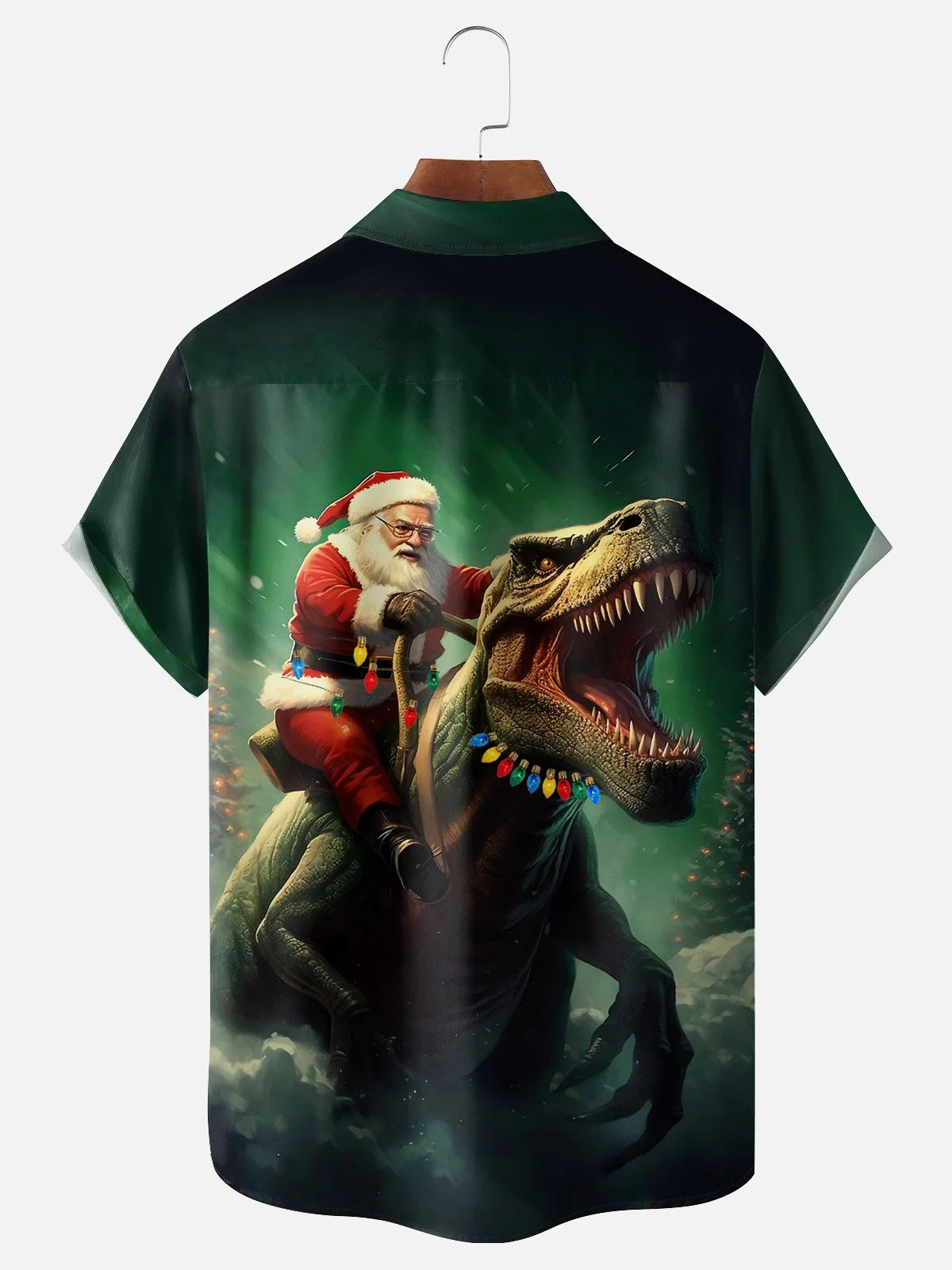 Royaura® Christmas Lights Dinosaur Print Men's Button Pocket Short Sleeve Shirt Big & Tall