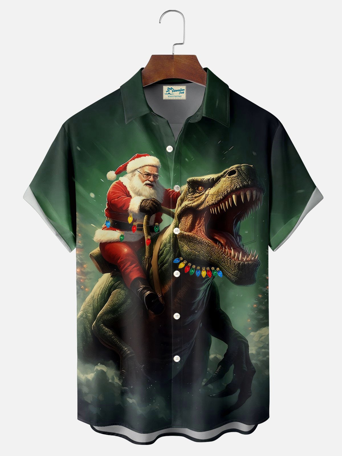 Royaura® Christmas Lights Dinosaur Print Men's Button Pocket Short Sleeve Shirt Big & Tall