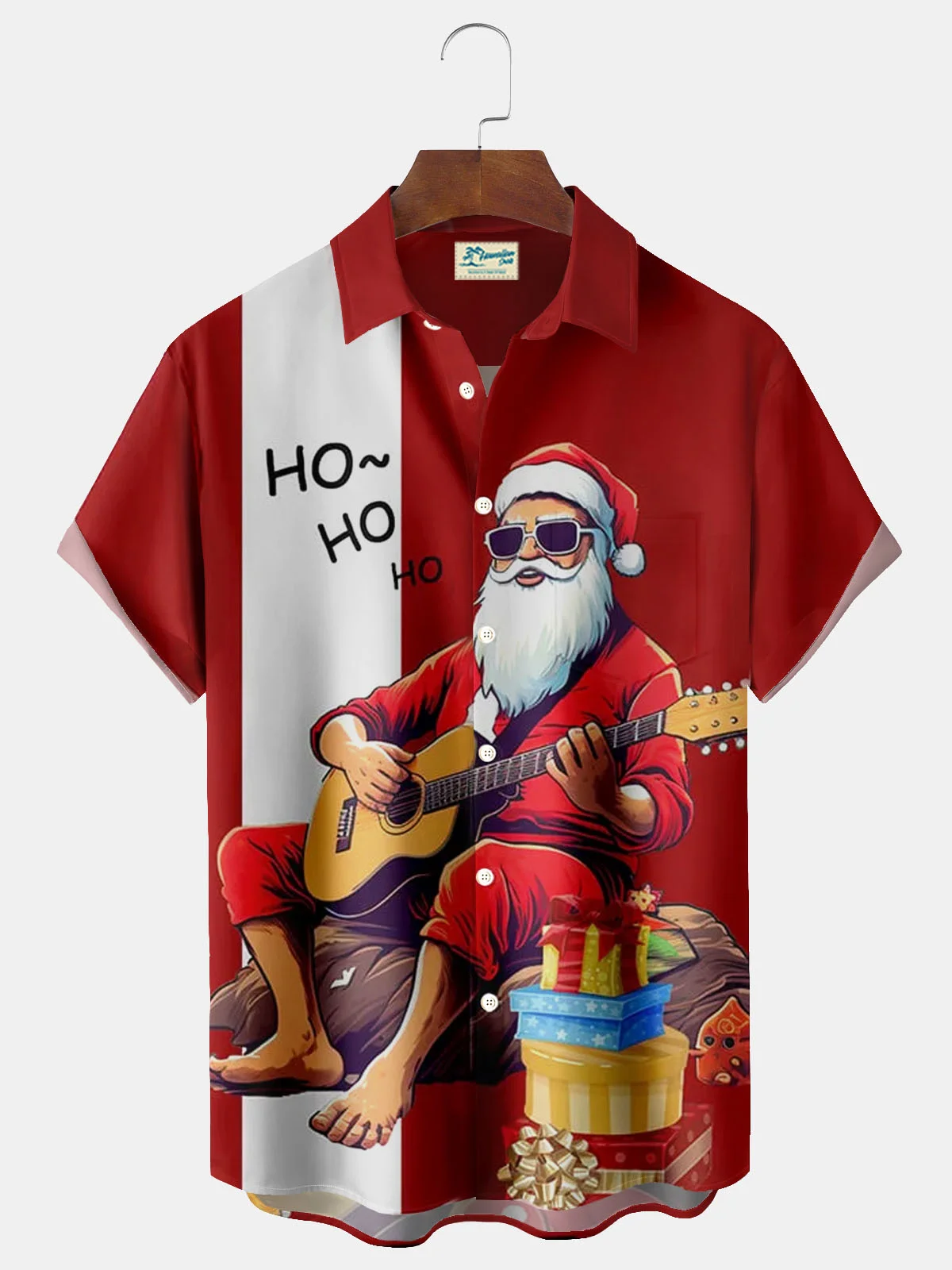 Royaura® Christmas Guitar Music Print Men's Button Pocket Short Sleeve Shirt Big & Tall