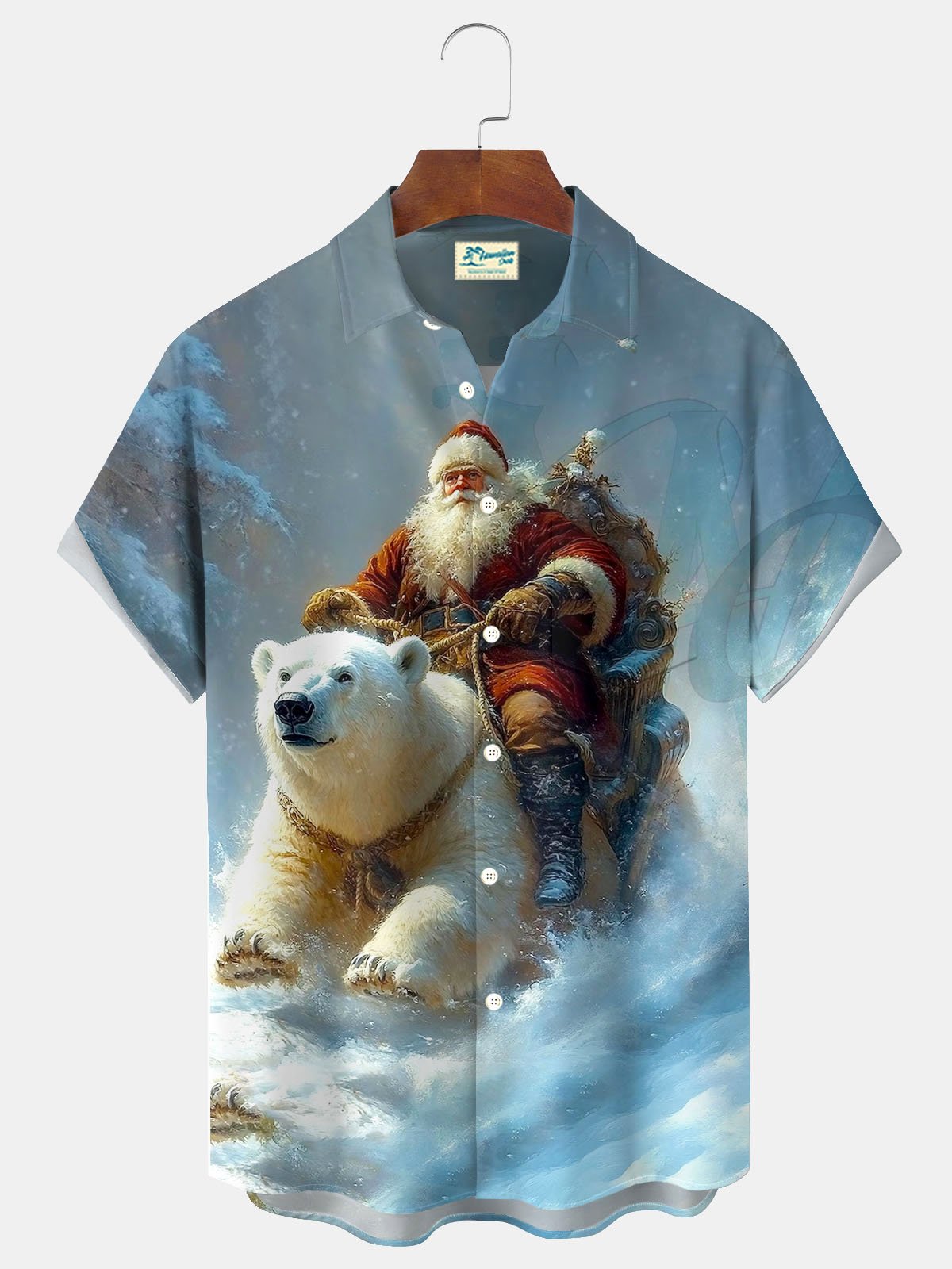 Royaura® Santa Claus Riding Polar Bear Print Men's Button Pocket Short Sleeve Shirt Big & Tall