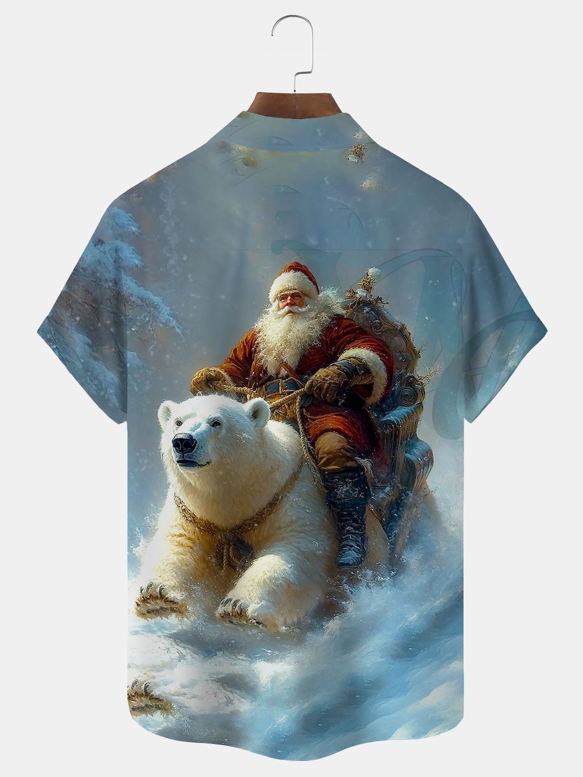 Royaura® Santa Claus Riding Polar Bear Print Men's Button Pocket Short Sleeve Shirt Big & Tall